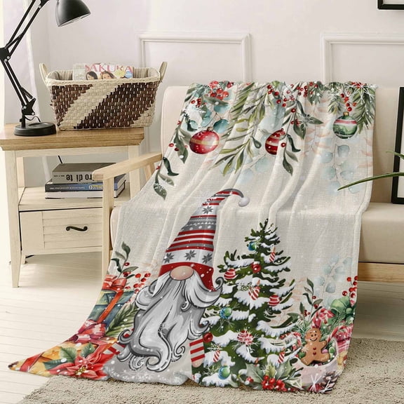Winter Gnome Throw Flannel Blanket 60x80In Christmas Tree Leaves Flower Snowflake Ball Retro Linen Super Soft Cozy Bed Blanket, Lightweight Plush Fuzzy Bed Throw for Bedroom Sofa Couch Living Room