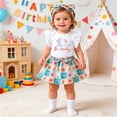 thumbnail image 2 of Yuncity Girls Romper Outfit Flutter Sleeve Floral Plaid Skirt Birthday Themed Bodysuit Sleeves Coordinating Hairpiece Onesie 3 Piece Outfit Sets Size 1-3 Monthss, 2 of 7
