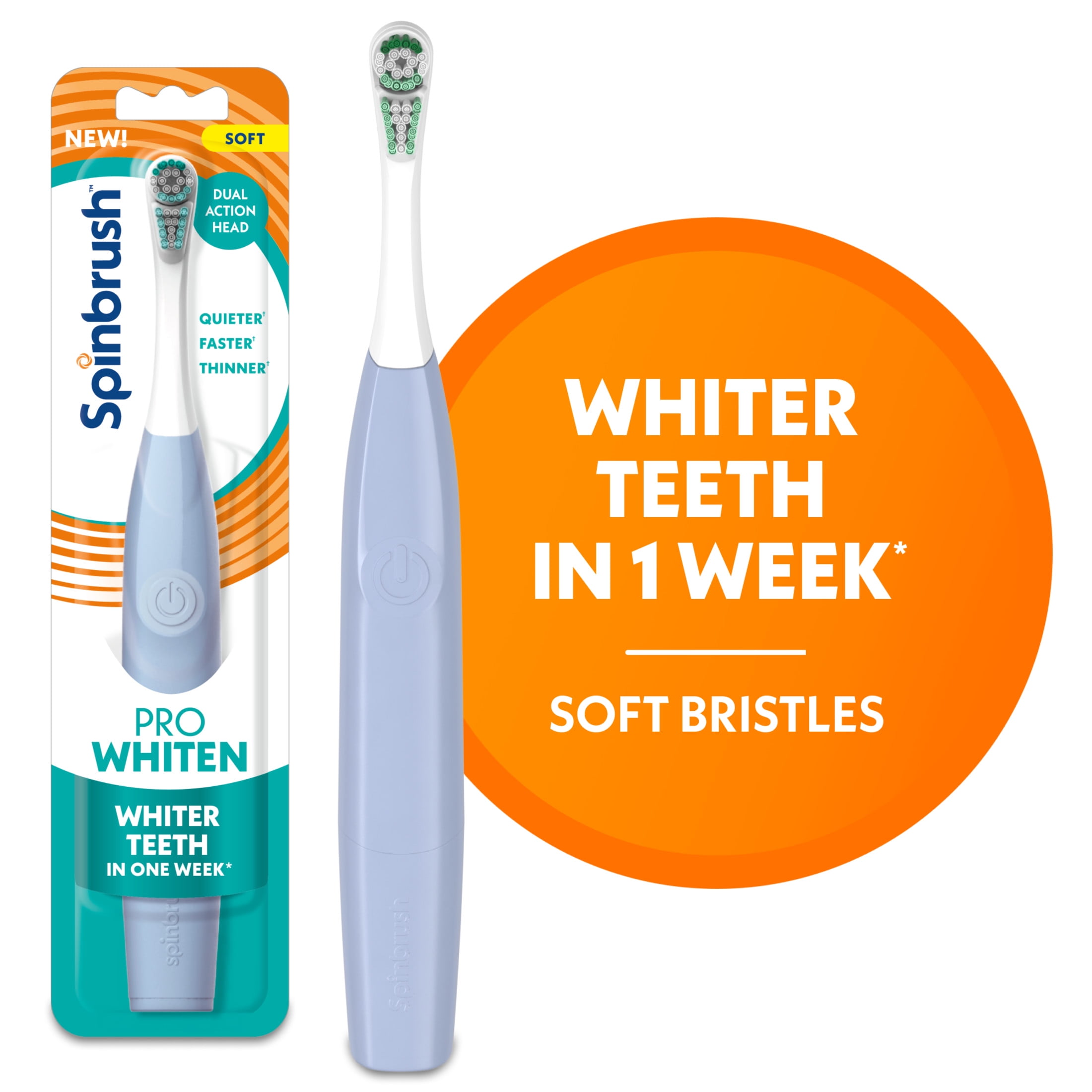 Spinbrush NEW PRO WHITEN Battery Powered Electric Toothbrush for Adults, Soft Bristles, Light Blue