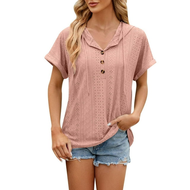 NINGMENG Womens Tops Solid Color Button V Neck Loose Short Sleeve Tops Pullover Tee Shirts Activewear,Pink,XXL
