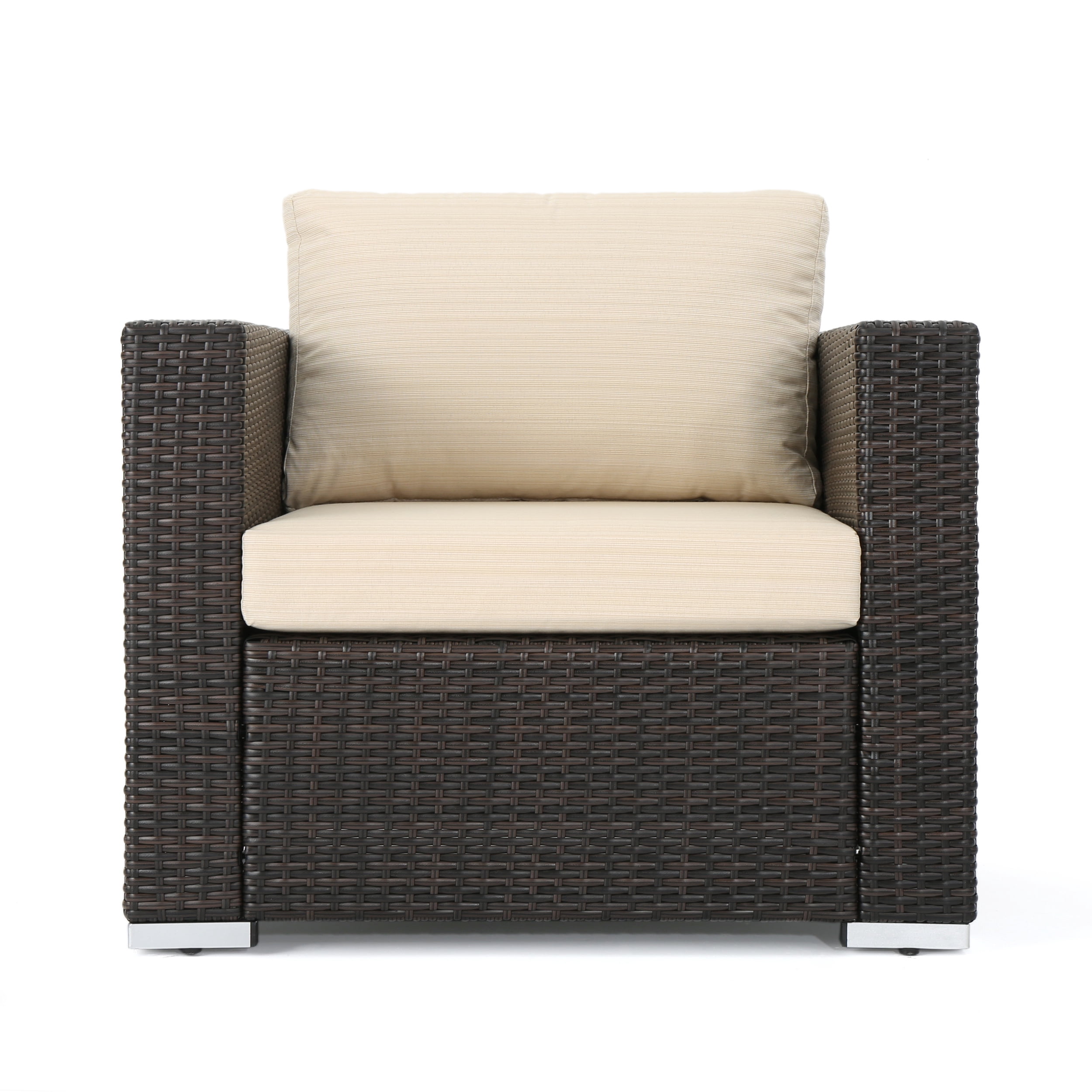Faviola Outdoor 5 Seater Wicker Chat Set with Aluminum Frame and Cushions, Multibrown, Beige