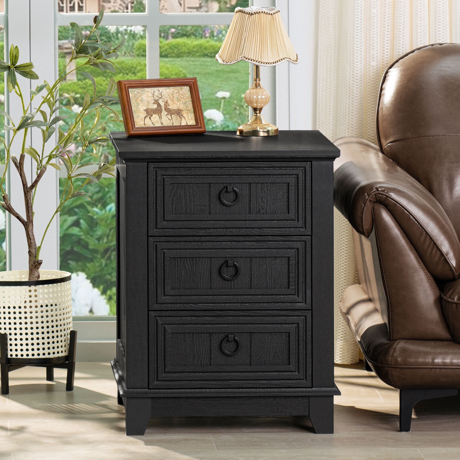 Joaxswe Nightstand, Modern 3 Drawer Nightstand, Black Nightstand with Ring Handle, Wooden Side Table Storage Cabinet Unit for Bedroom/Living Room