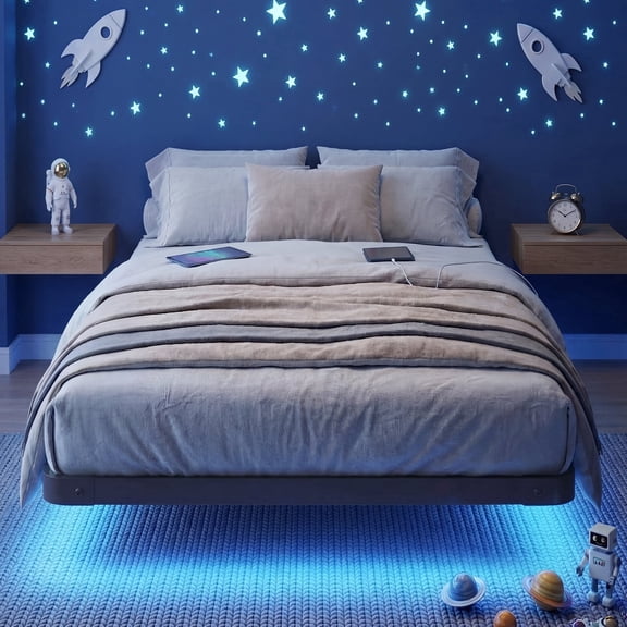 Fairy Twin Bed Frame with Charging Station, LED Lights, Heavy-Duty Metal Platform, Black