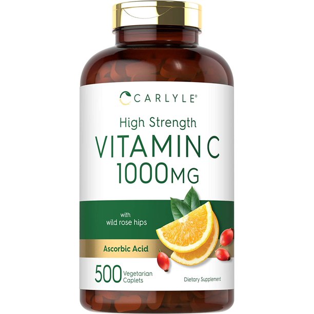 High Strength Vitamin C 1000mg 500 Caplets Ascorbic Acid With Wild Rose Hips Non Gmo And Gluten Free By Carlyle Walmart Com Walmart Com