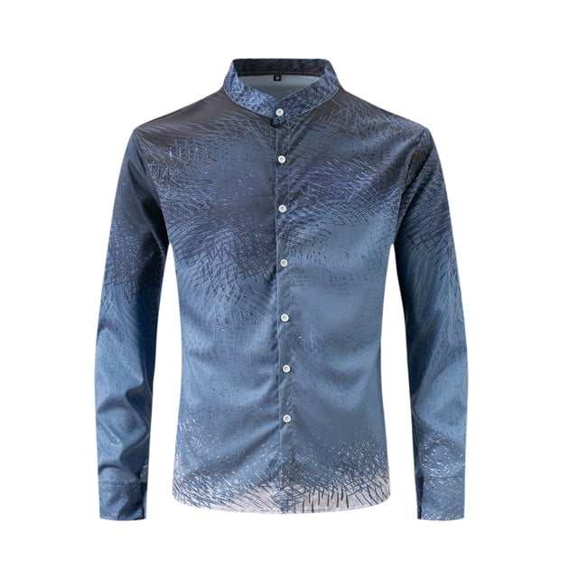 Blusa y camisa de manga larga con cuello alto para hombre, blusa de poliéster con estampado de botones y degradado, a la moda, para hombre