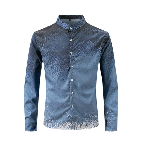 Blusa y camisa de manga larga con cuello alto para hombre, blusa de poliéster con estampado de botones y degradado, a la moda, para hombre
