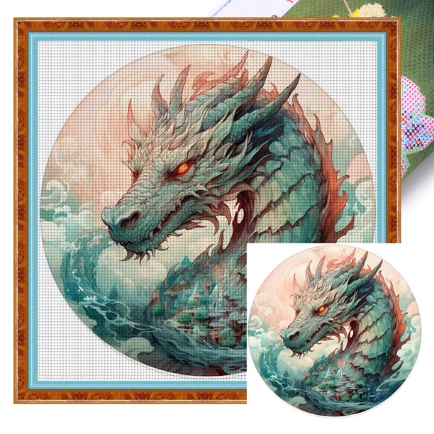 Kit Punto Cruz Con Dragón Impreso Hilo Algodón Ecológico Bordado 11CT 50x50cm