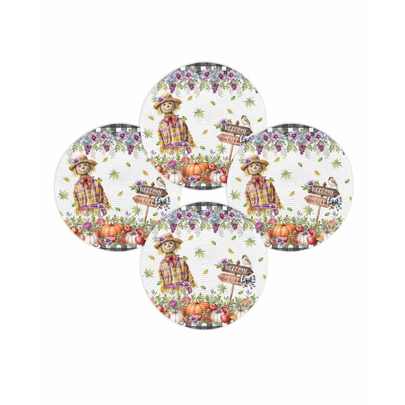 Fall Round Placemats Set of 4 Pumpkin Scarecrows Place Mats Thanksgiving Woven Placemat Fruit Fallen Leaves Grape Circle Braided Table Mat for Kitchen Dining Table Autumn Party Home Decor 15 Inch