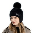thumbnail image 2 of Women's Winter Knit Beanie with Pom Pom, Plush Lined Ear Flap Hat, Double-Lined Thermal Winter Hat, Soft Wool Blend Cold Weather Cap for Outdoor Activities Black, 2 of 3