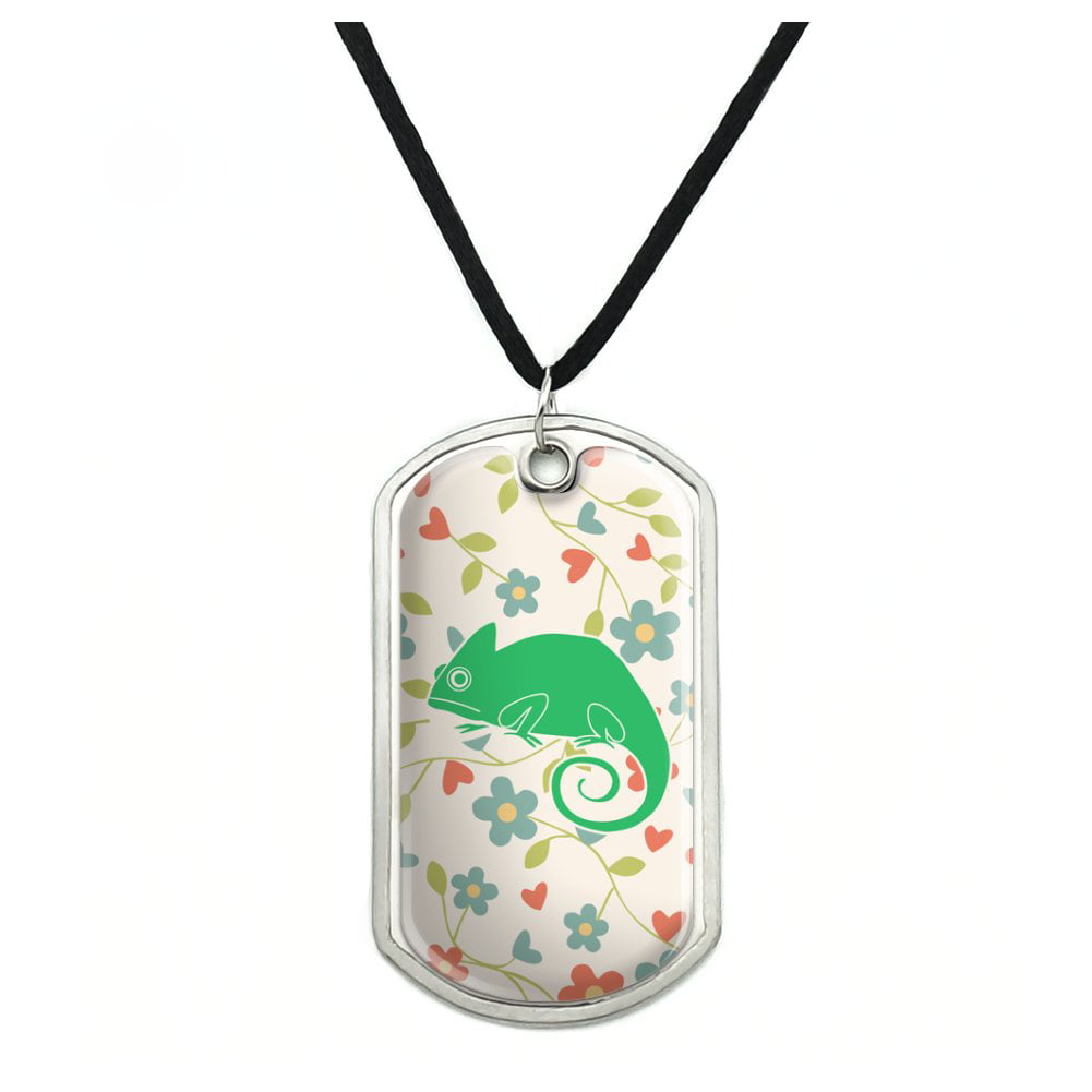 Chameleon Floral Wallpaper Military Dog Tag Pendant Necklace with Cord -  