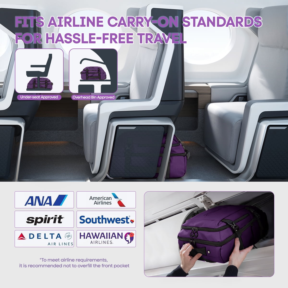 17" Underseat Carry On Luggage Airplane Approved,Water Resistant Softside Rolling Suitcase Lightweight Personal Item Travel Bag,Purple - TA069