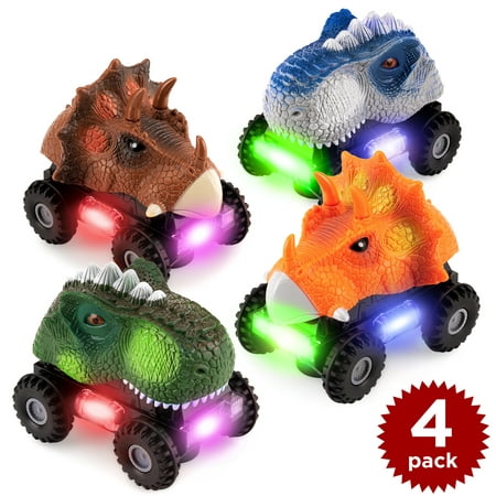 Best Choice Products Set of 4 Kids T-Rex & Triceratops Dinosaur Bump & Go Toy Car Vehicles w/ Roaring Sounds, LED