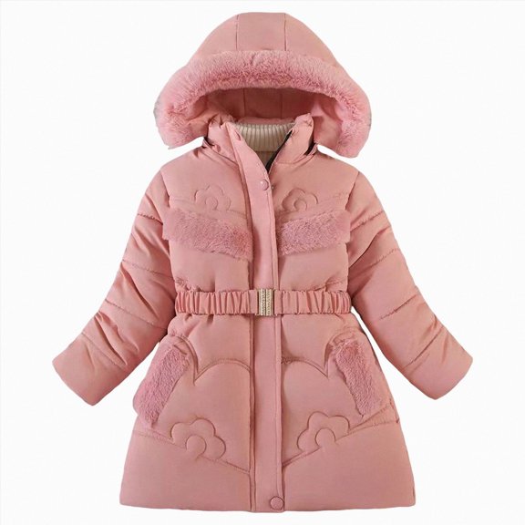 Linfrsh Girls' Long Winter Coats Warm Parka Lined Puffer Jacket Thicken Fleece Hooded Coat with Fuzzy Collar for Girls (Pink,9-10 Years)