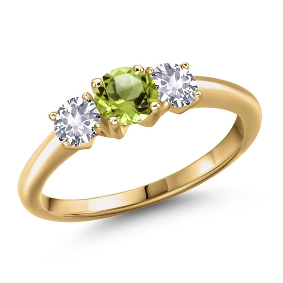 Gem Stone King 18K Yellow Gold Plated Silver Green Peridot and White Created Sapphire Engagement Ring for Women | 1.05 Cttw | Round 5MM | Gemstone August Birthstone | Size 5