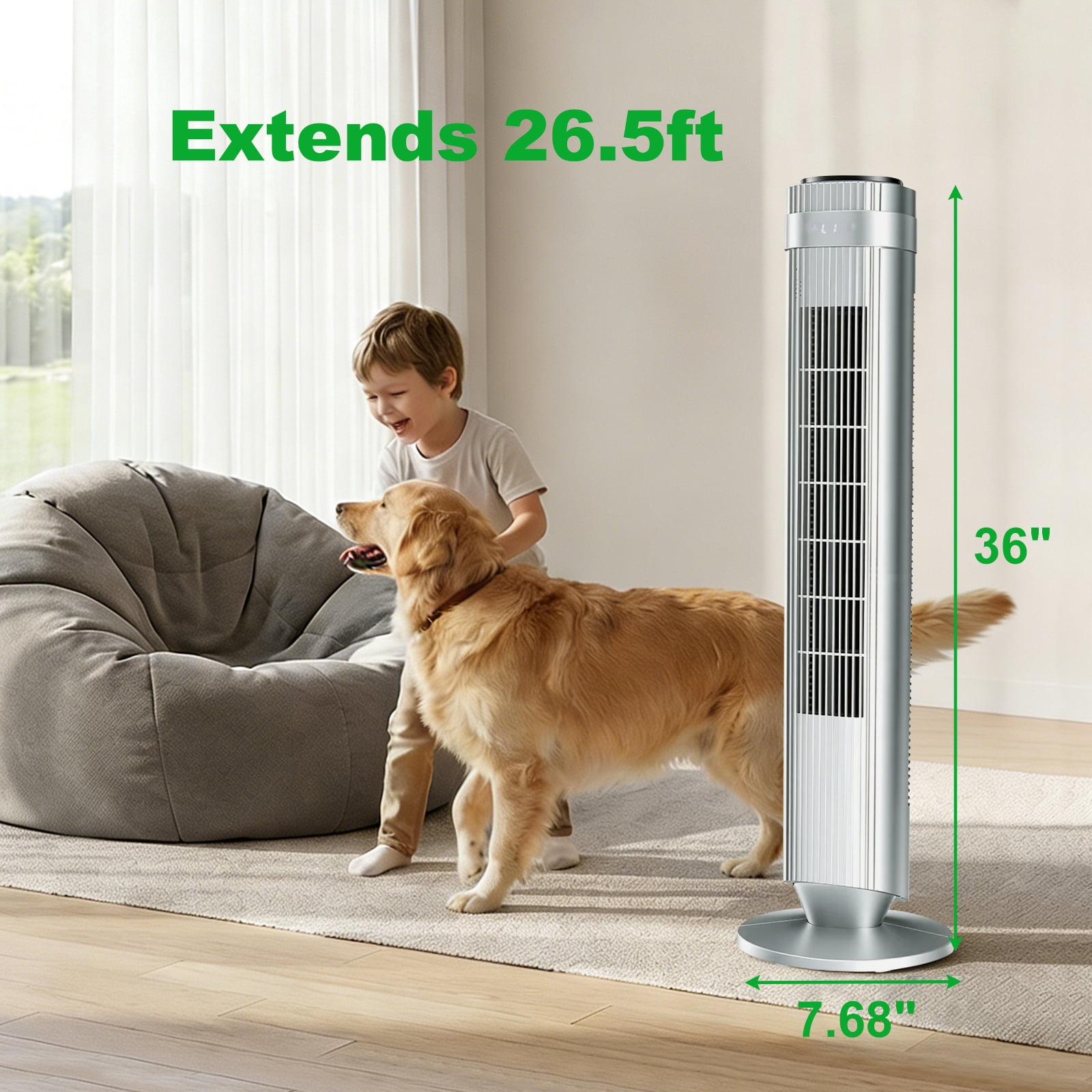 Quiet Tower Fan for Bedroom, Oscillating Fan with Child Lock & Night Light, 28dB, 12H Timer and Remote, 5 Speeds Cooling Fan for Nursery and Home,Silver