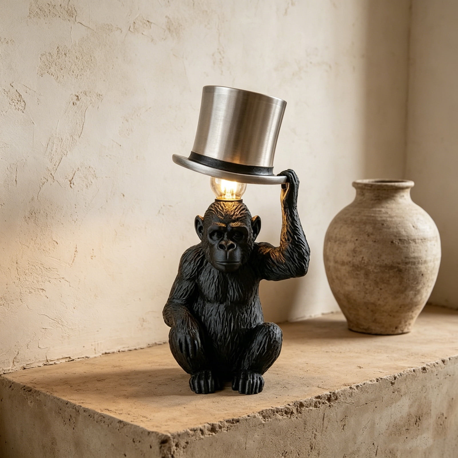 Monkey Table Lamp with Top Hat, Resin Table Lamp for Bedroom Office Novelty Bedside Light, Fun Lamps Livingroom Decor, Creative Desk Lighting Fixture, Monkey Light Whimsical Design Gift for Friends