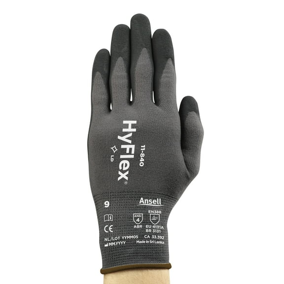 Ansell Hyflex 11-840 Abrasion-Resistant Industrial Work Gloves, Gray/Black Large (9), 12 Pairs