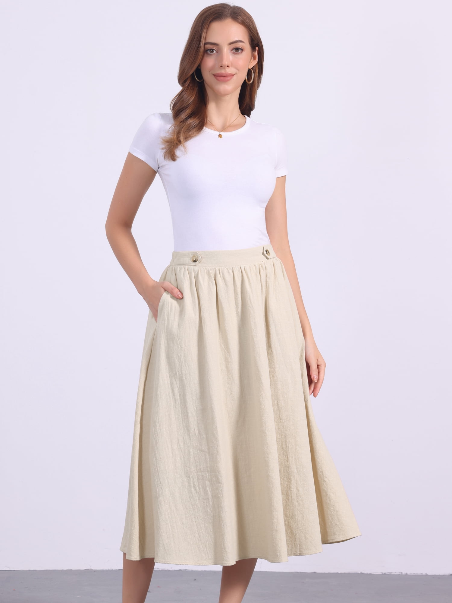 DARING DIVA Women's Elastic Waist A Line Casual Summer Midi Skirt with Pockets S Khaki