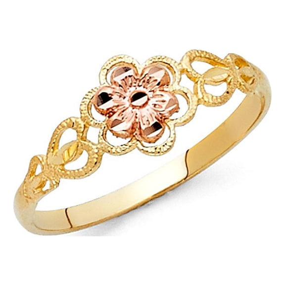 14k Two Tone Italian Solid Gold Flower Multi Heart Shape Shank Ring 7mm