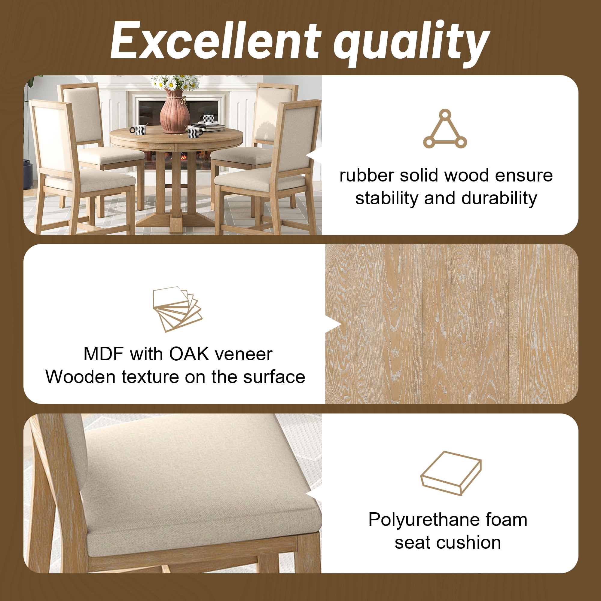 EUROCO 5-Piece Dining Table Set for 4,Round Kitchen Extendable Dining Table with 4 Dining Upholstered Chairs and Wooden Frame,Dining Room Table Set for Small Space,Living Room,Natural