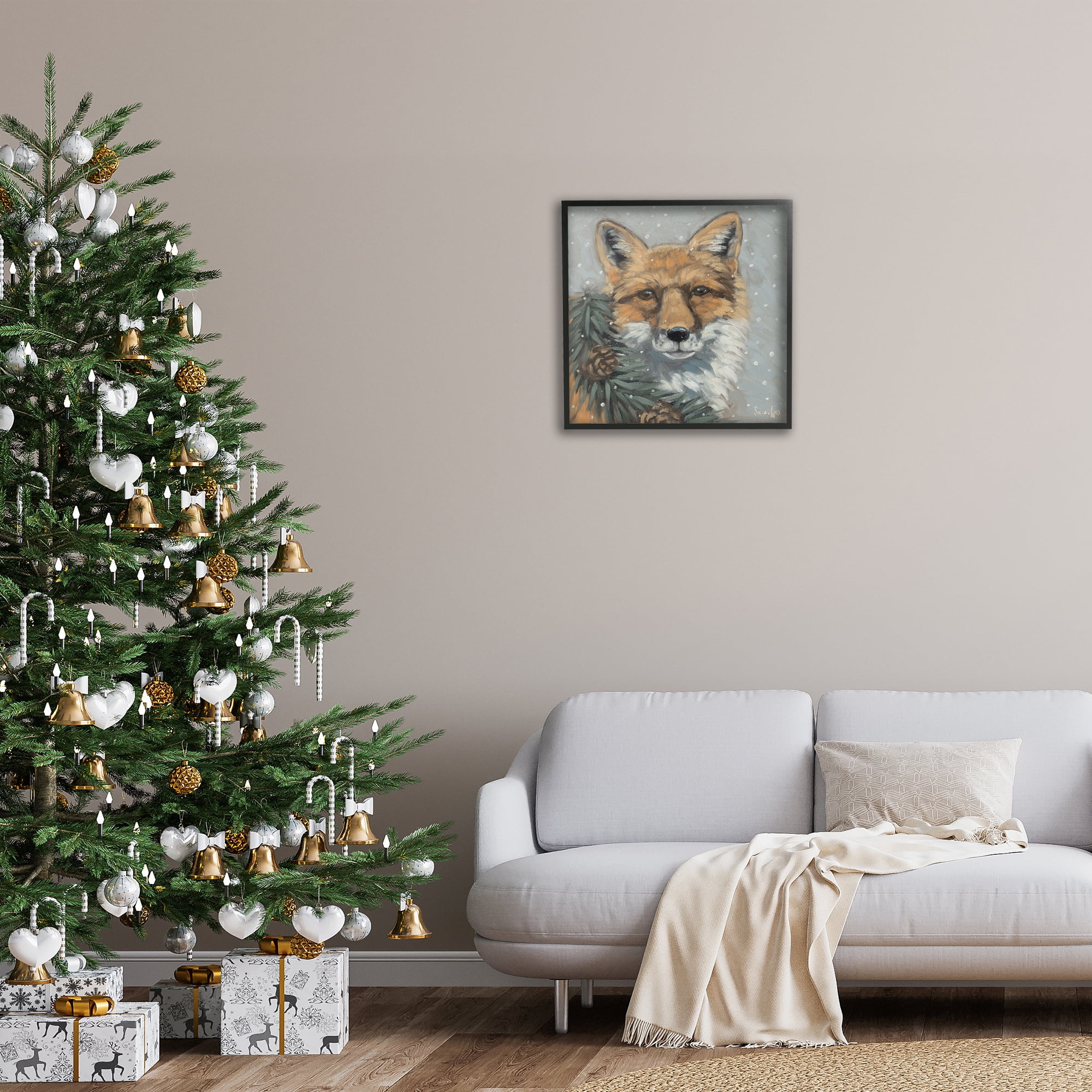 Stupell Industries Fox with Snowy Pinecones Holiday Painting Black Framed Art Prints Wall Art, 24 x 24