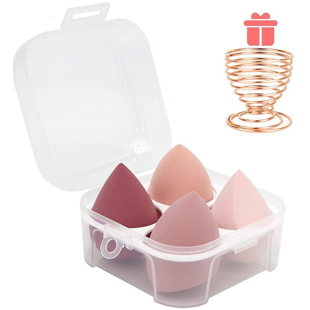 Juego de licuadora de esponjas de maquillaje de 5 piezas: licuadora de base de esponja de belleza profesional de 4 piezas con 1 soporte de esponja y estuche para huevos, impecable para crema,