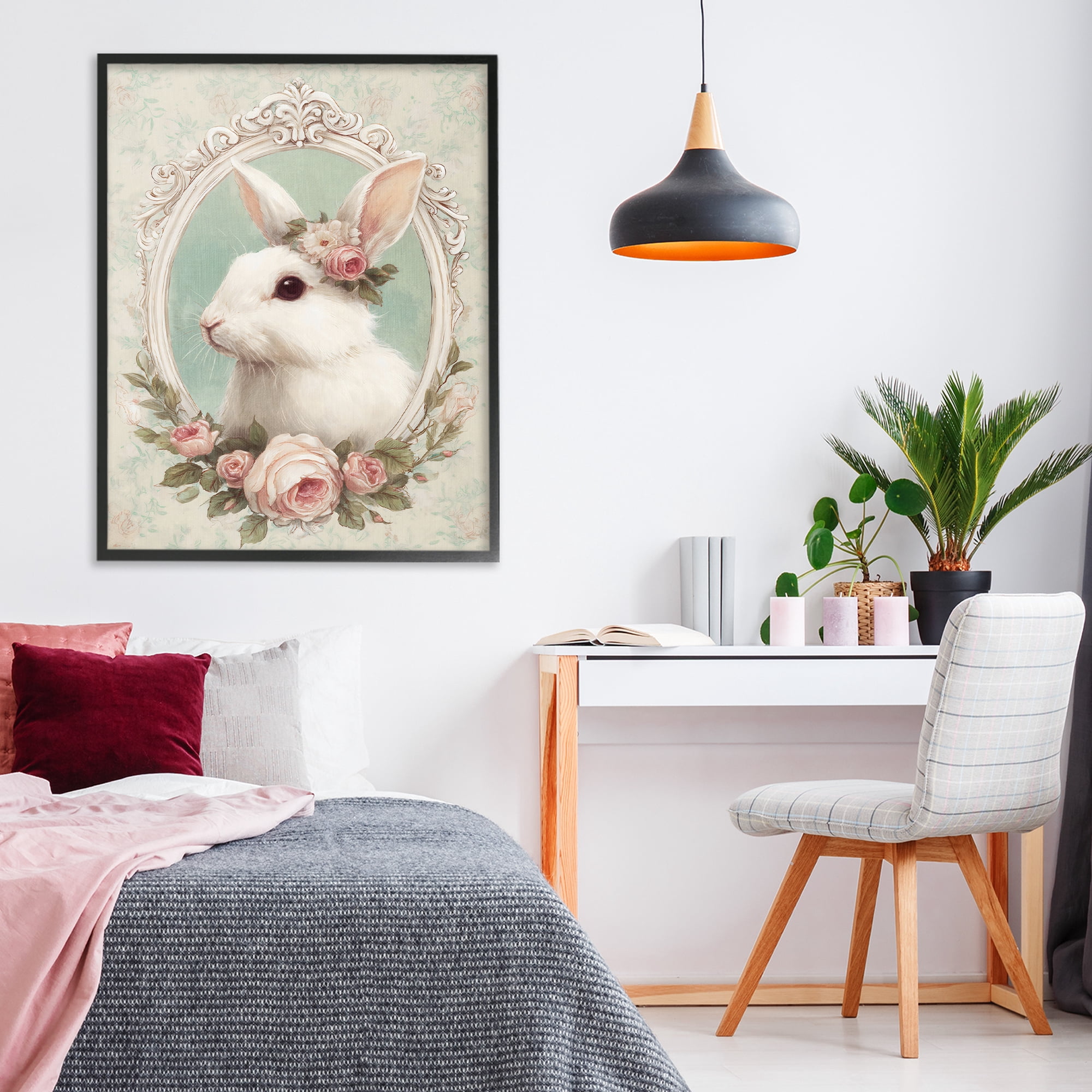 Stupell Industries Flower Fringed Bunny Portrait Black Framed Giclee Art, design by Ink Drop Loft