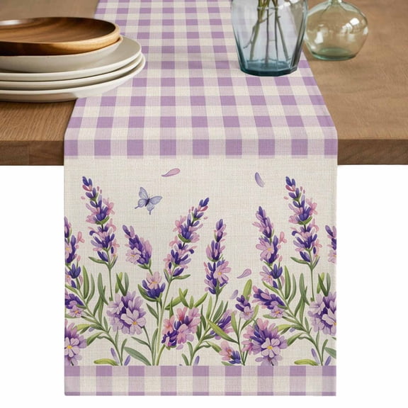 Table Runner 120 Inches Long for Kitchen Dining, Purple Lavenders Dresser Scarf Farmhouse, Dining Table Decorations for Wedding/Parties, Spring Floral Plaid Farmhouse Rustic 13 x 120 In