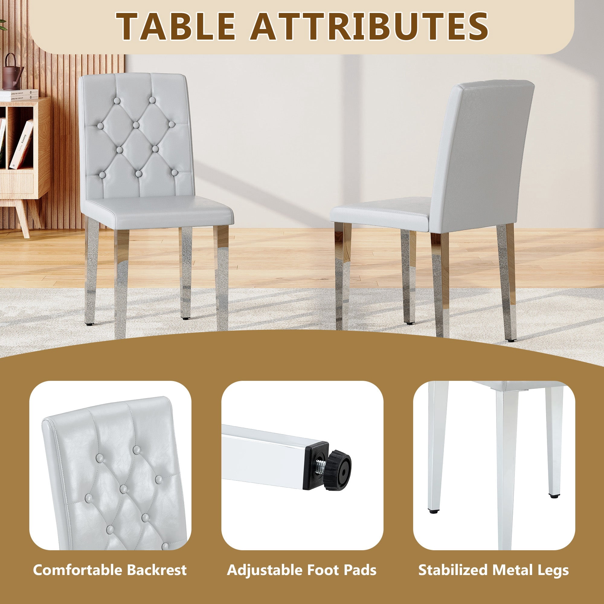 Sailvan PU Dining Chairs, 35 Inch Ergonomic Buckle Backrest with Silver Metal Legs