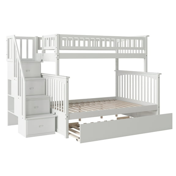 Columbia Staircase Bunk Bed Twin over Full with Full Size Urban Trundle Bed in White