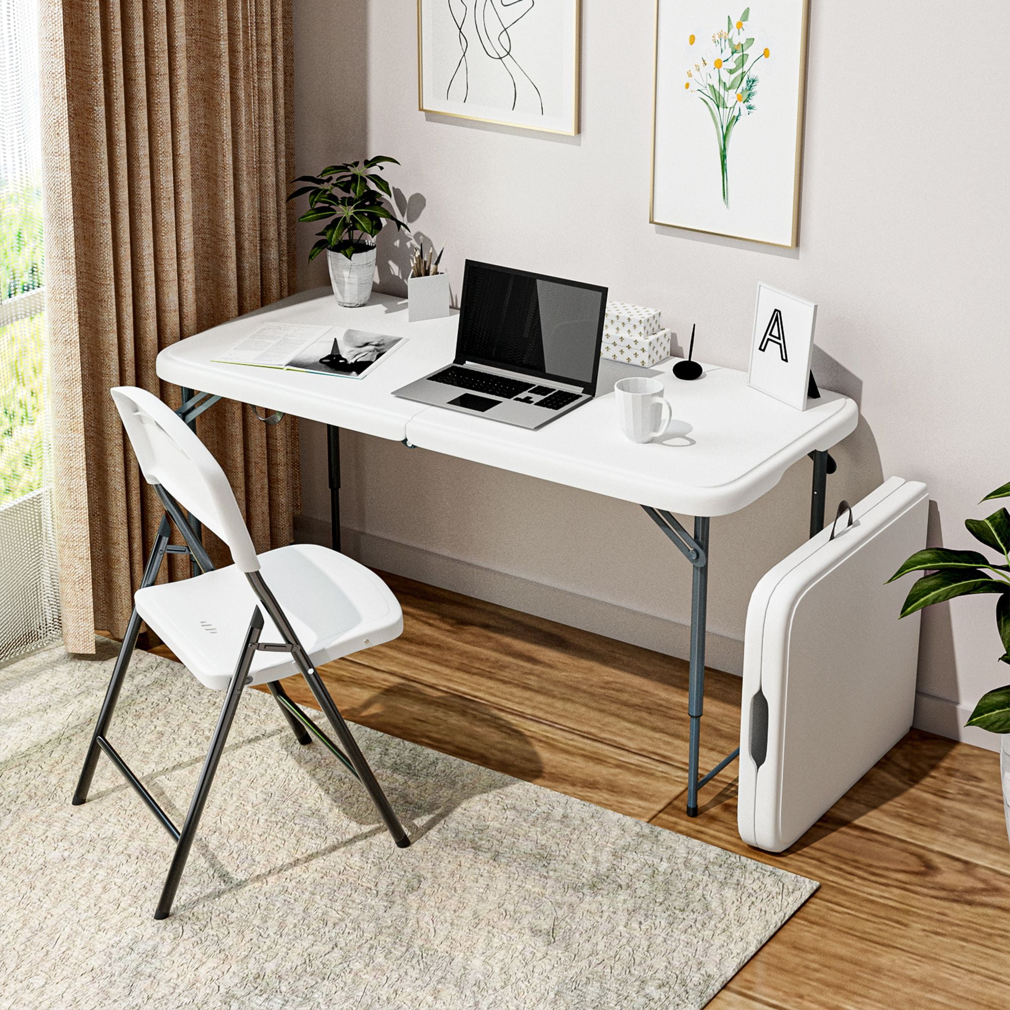 Demi Bonn 4ft Plastic Folding Table with Height Adjustable, Multipurposedoor Outdoor Duty Portable Rectangle Table with Handle, Lock for Picnic, Party, Camping, White