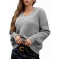 thumbnail image 3 of Female Long Sleeve V Neck Pullover Sweater Oversized Chunky Knitted Loose Jumper Sweaters Grey L, 3 of 8