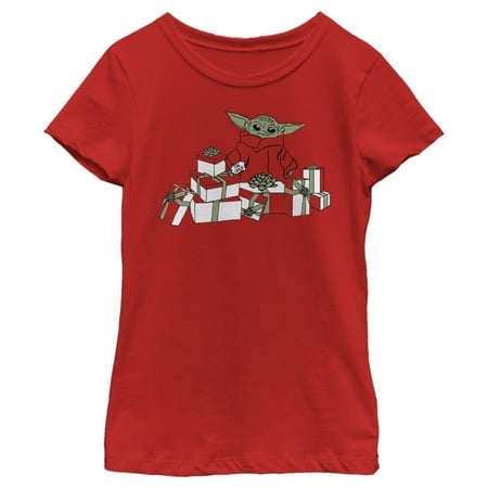 Girl's Star Wars: The Mandalorian Christmas The Child Gifts Galore Graphic Tee Red Small