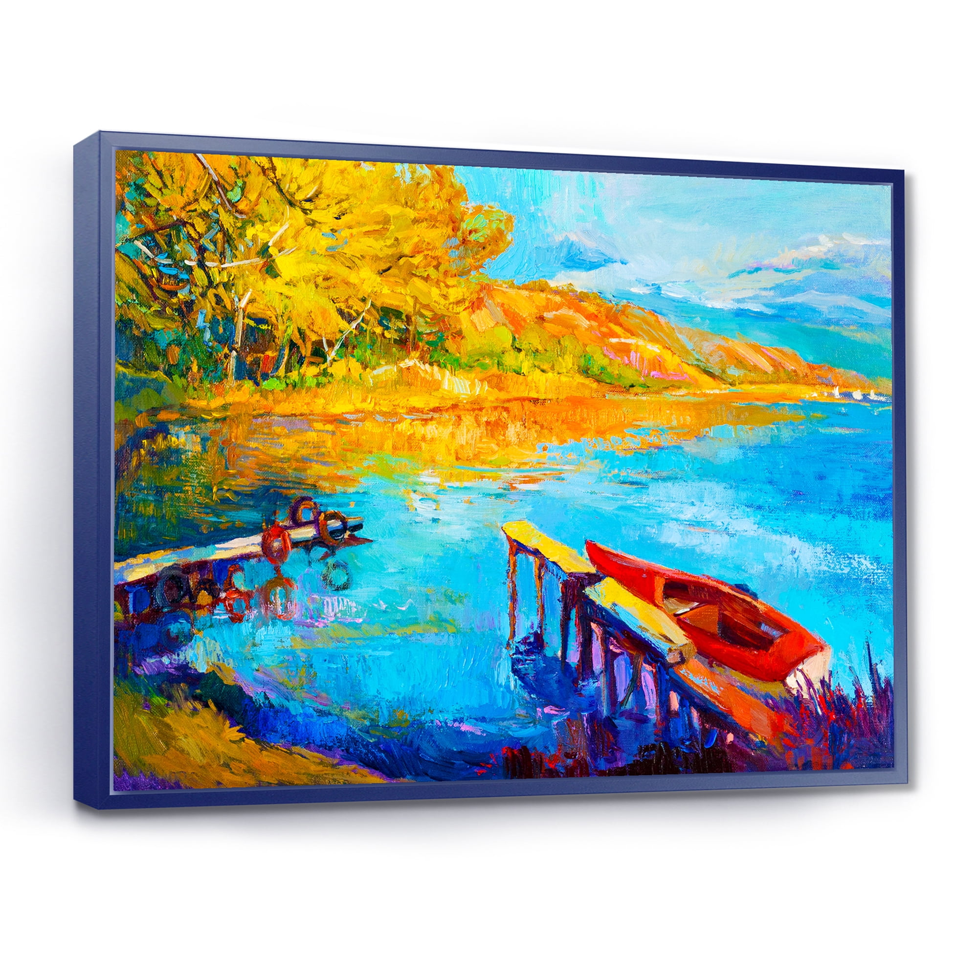 The Lake At Sunset Evening Glow II 32 in x 24 in Framed Painting Canvas Art Print, by Designart
