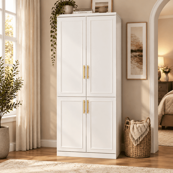FAMAPY 4-Door Armoire Wardrobe Closet with Hanging Rod and Shelves, White Clothes Storage Cabinet for Bedroom, 31.7" x 19.3" x 74.8"