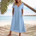 thumbnail image 6 of cocolona Womens Summer Linen Long Dress V Neck Short Sleeve Pleated Flowy Sun Dress Fashion Casual Loose Beach Dress with Pockets, 6 of 6