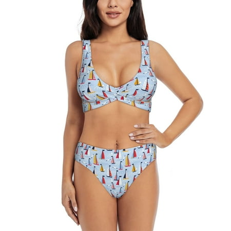 Zeuib Sailboats And Seagulls High Waisted Tummy Control Bikini Set - Knot Front Push Up Top & Cheeky Thong Bottom  Two-Piece Swimsuit for Women-Large