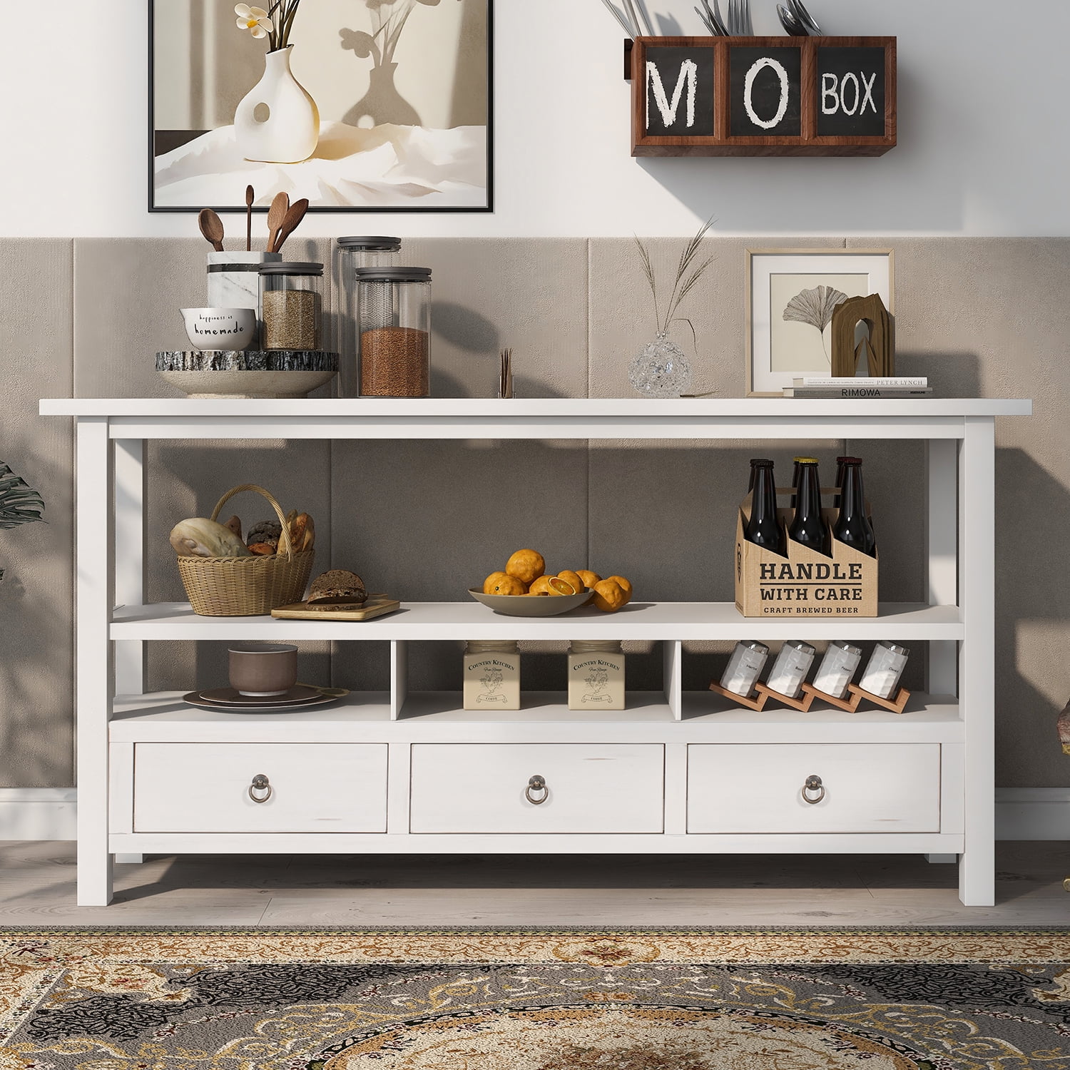 Kadyn Solid Wood Console Table, Sofa Console Table with Three Drawers and Double-Storey Tabletop, Classic Accent Table for Living Room, Antique White Kadyn Solid Wood Console Table, Sofa Console Table with Three Drawers and Double-Storey Tabletop, Classic Accent Table for Living Room, Antique White