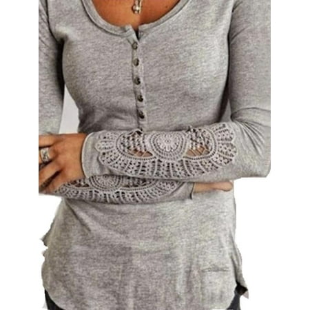 Lace Shoulder Button - Women Round Neck Button Long Sleeve Lace Hollow Out Embroidery Blouses