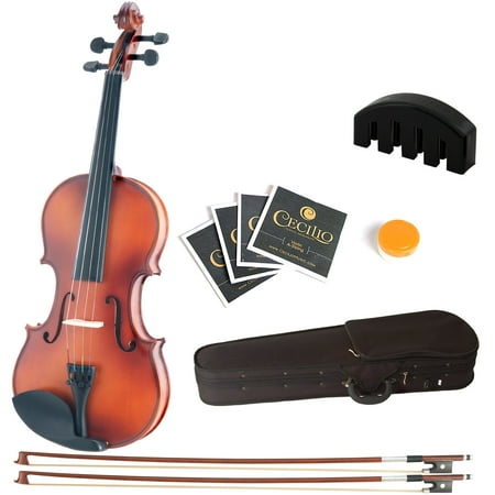 Mendini by Cecilio Size 1/16 MV300 Solid Wood Violin w/ Extra Strings, 2 Bows, 2 Bridges, Violin Mute & Case, Satin Antique