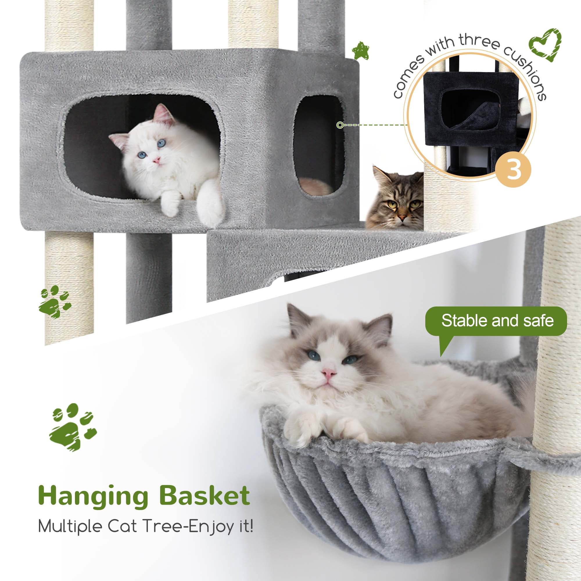 Globlazer Big Cat Tree Tower，85in Multi-Level Tall Cat Tree Tower Indoor for Multiple Adult Cats with Scratching Post, 3 Perches, 3 Condos, 2 Hanging Basket, S85,Light Gray