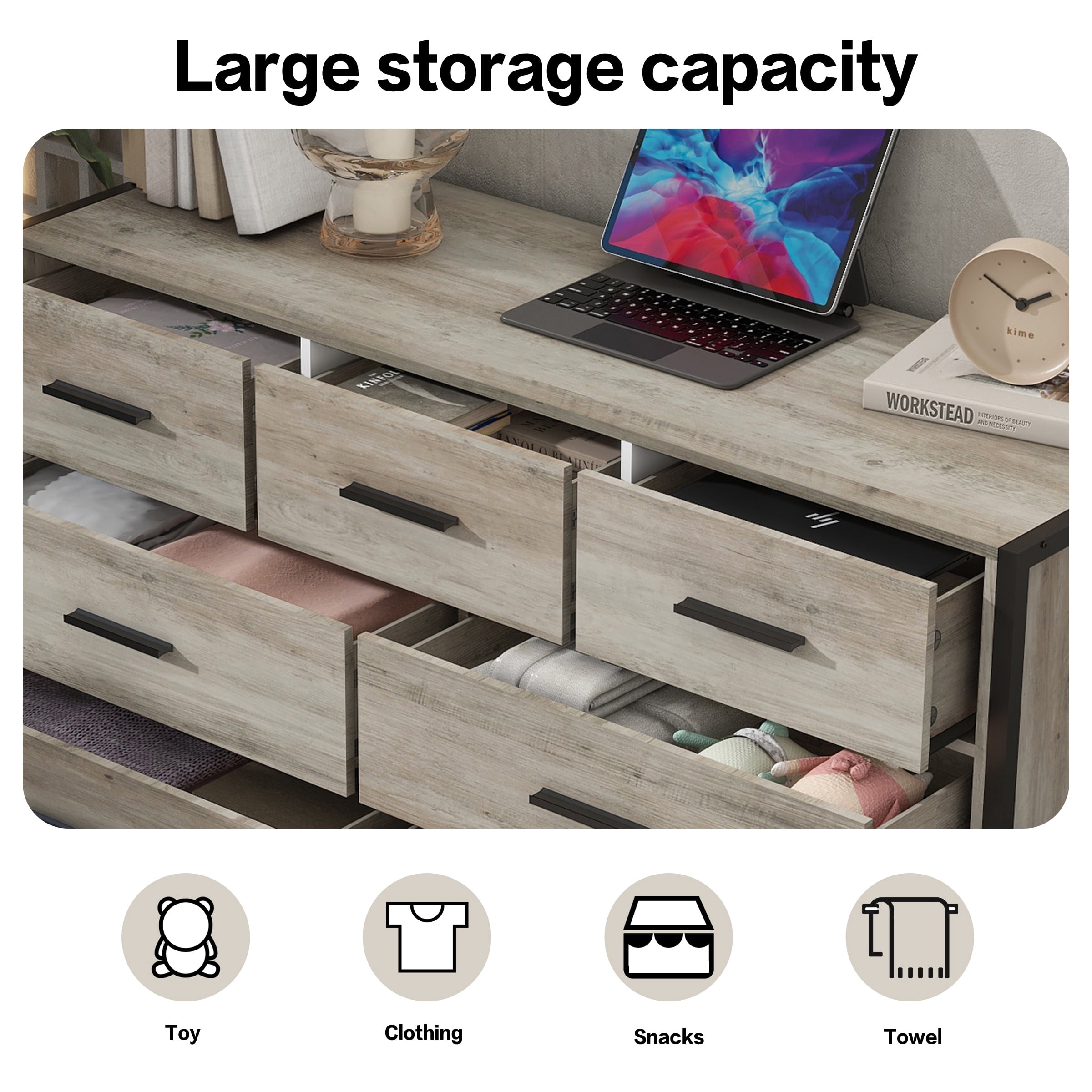 PORKISS 7 Drawer Dresser, Wood Chest of Drawers, Industrial Style Horizontal Dresser for Bedroom, Solid Clothes Storage Cabinet with Sturdy Steel Frame, Wooden Dresser Organizer, Gray