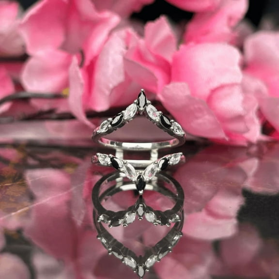 Marquise Cut White Diamond & Black Onyx Wedding Ring Enhancer- 925 Sterling Silver- Handmade Jewelry