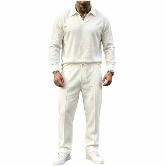Stamzod Men's Clothing Sets 2 Piece Linen Outfits Casual V-Neck Pullover Top Long Pants Set 2026 Vacation Beach Outfit