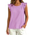 thumbnail image 6 of Linen Tank Tops for Women Ruffle Short Sleeve Summer Tops Cute Crew Neck Casual Blouses (L,Pink), 6 of 9