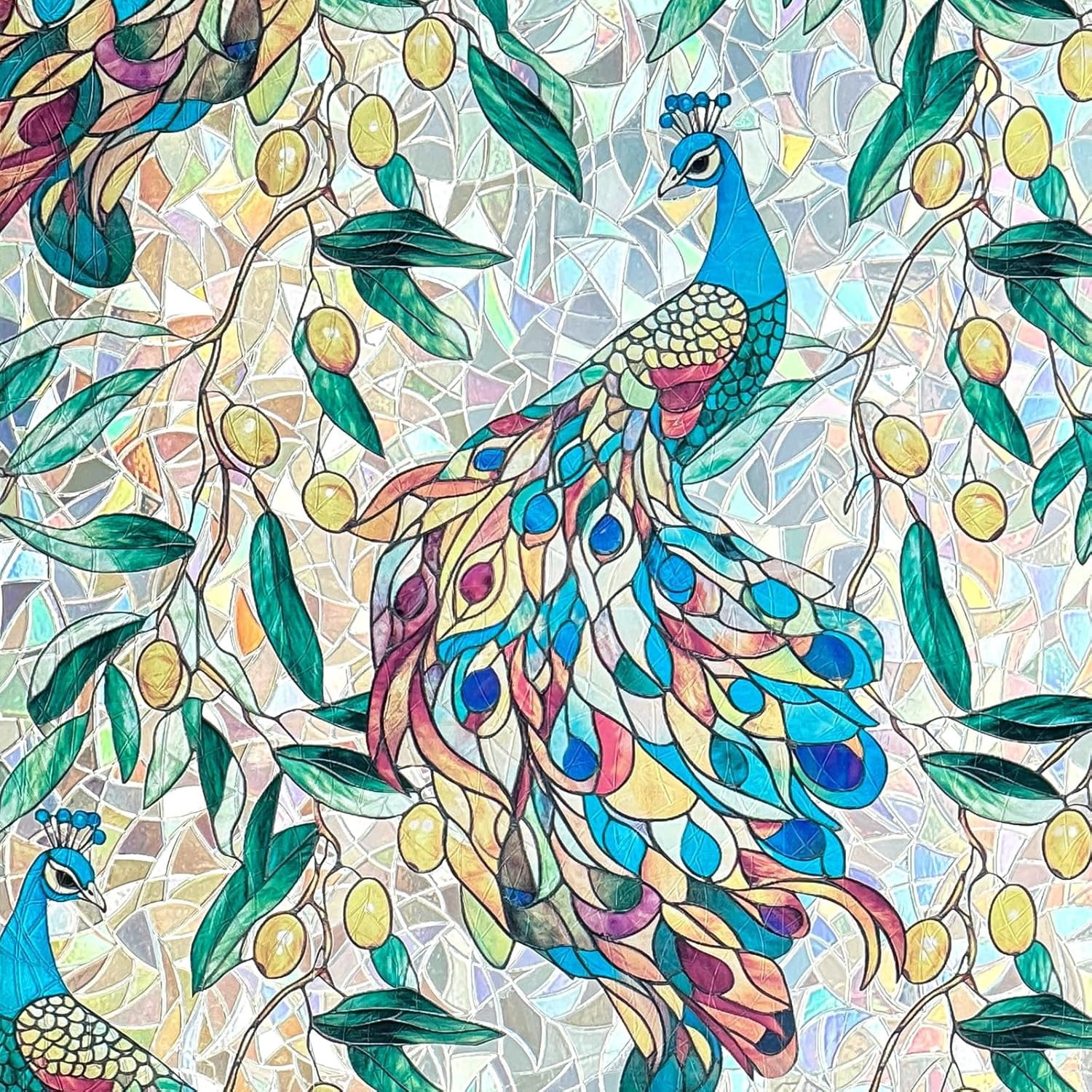 Window Privacy Film,Colorful Floral Window Stickers,Removable DIY Bouquet Static Clings, Decals for Home School Office Party Supplies,Peacock Garden，17.5 x 78.7 in