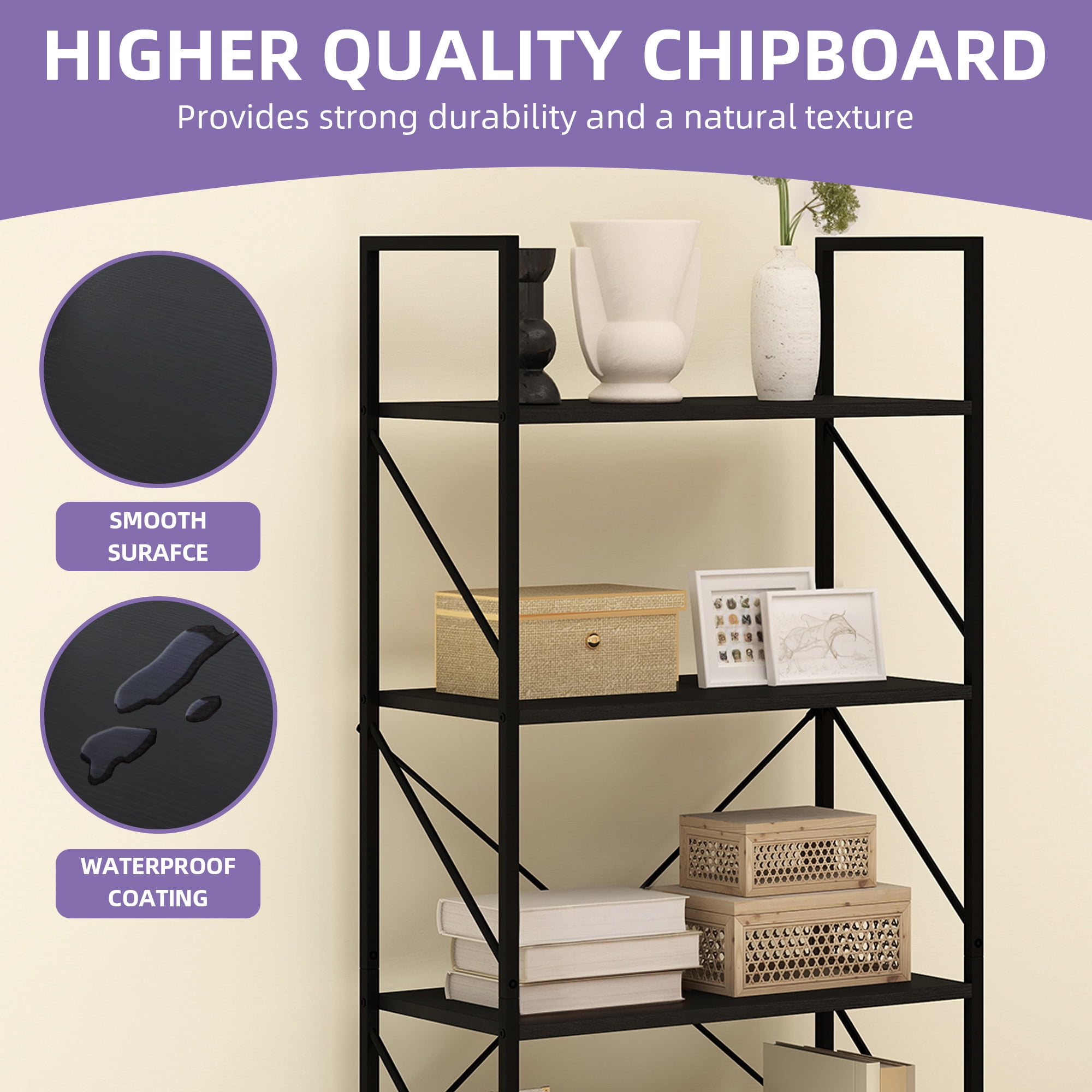 Uforic 5 Tier Bookshelf, Classic Home Office Bookcase Storage Organizer, Free Standing Book Rack,Black