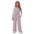 thumbnail image 6 of CPNG Girls 2 Piece Outfit Set Solid Color Long Sleeve Slim Top and Matching Wide Leg Lightweight Casual Sweatsuit Set, 6 of 9