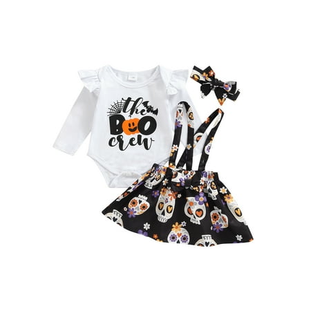 

Gureui Kids Baby Girls Short Skirts Outfits Long Sleeve Letter Printed Romper + Skull Pattern Suspenders Skirt + Cute Headband Set