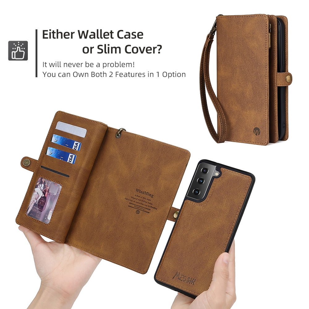 Allytech Case for Samsung S22 Cover for Galaxy S22 2022(6.1"), Durable PU Leather Magnetic Flip Lanyard Wristlet Strap Zipper Card Holder Phone Wallet Case for Galaxy S22 [5G], Brown